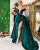 Dark Green Evening Dresses Sexy Deep V Neck Crystals High Side Split Cap Sleeves Celebrity Women Formal Party Pageant Prom Gowns BC