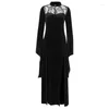 Casual Dresses Elegant Chic Gothic Women's Floral Blooming Back-Slit Fare-Sleeve Mock Neck Maxi Dress Black Solid