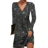 Casual Dresses Elegant V-neck Dress Women Sequin Mini For Shimmering A-line Party With Long Sleeves