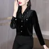 Kvinnors blusar Autumn Winter Black Velvet Polo Collar Women Elegant Casual Top Shirts 2024 Korean Fashion Bodycon Chic Ladies Coats