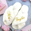 Slippers Custom Bridesmaid Fluffy Plush Open Toe Slippers Personalized Wedding Cross Flat Slippers for Women Ladies Indoor Shoes Fashion