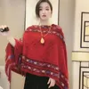 Szaliki styl etniczny mongolski poncho miękka zimowa ciepła imitacja kaszmirowa dzianina Cape Rombic Stripe Tassel Szalk Kobiety moda