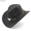 Cappelli a tesa larga Secchio LUCKYLIANJI Bambino Ragazzo Ragazza Feltro di lana 100% Cappello da cowboy occidentale Cowgirl Testa di mucca Fascia in pelle (Taglia unica 54 cm) 240319