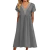 Casual Dresses Ladies V Neck Lace Pocket Short Sleeve Loose Elegant Dress Aline Summer Qutfits Female Vestidos