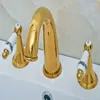 Robinets d'évier de salle de bains de luxe, couleur or, montés sur le pont en laiton, doubles poignées, robinet de lavabo à 3 trous, robinets d'eau mélangeurs Mgf023