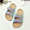 Sandalen riem bling bling kurk sandalen vrouw zomer glitter strand sandalias mujer smal band platform dia's dames kurk slippers