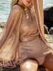 Skirts Skorts Bikini Sarong Sexy See Through Mesh Beach Dress For Swimwear Sheer Long Women Cover Up 2023 Glitter Tunic Female Golden Cardigan 240319