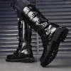 Botlar yüksek üst erkekler büyük boy 38-46 motosiklet moda rahat yürüyüş ayakkabıları metal dekorasyon platformu