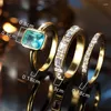 Wedding Rings 3pcs Aqua Blue Stone Square Triple Ring Set Antique Gold Color White Crystal Stacking Engagement For Women Jewelry