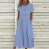 Casual Dresses O Neck Dress Women Solid Color Short Sleeve With Pocket Summer Loose Long Midi Daily 2024