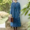 Etnische Kleding 2024 Chinese Katoen Linnen Gedrukt Jurk Dames Winter Verdikte Qipao Lange Rok Bloemenprint Blauw Cheongsam