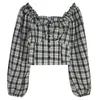 Women Long Sleeve Shirts Crop Tops Plaid Ruffles Square Collar Retro Slim Stylish Pleated Streetwear Casual Female Blouse S-5XL 240319