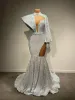 Stunning Long Sleeve High Neck Sexy Mermaid Style White Sparkly Velvet Sequin African Black Girls Prom Dresses 2024 BC14555
