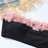 Bonito feminino floral biquíni maiô com bainha preta plissada e sem alças biquíni curto de duas peças sexy mid rise maiô 240319