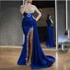 Blue With Gold Arabic Mermaid Evening Dresses High Neck Algerian Outfit Prom Gown Side Train Pleated Thigh Split Party Maxi Robe