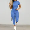 Kvinnors tvådelade byxor 2 st/set klassisk avslappnad outfit elastisk midjeband Kvinnor Pure Color Crop Top DrawString Sweatpants Set Activewear