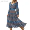 Basic Casual Dresses Women Fall Spring Dress Vintage Hem Long Sleeve Tight Waist V Mid-calf 240319