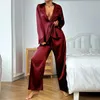 Dames 2-delige zijden satijnen pyjama met lange mouwen, diepe v-hals, loungesets, button-down shirts en broeken Pj mode, oversized outfits 240319