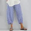 Women's Pants Calf Length For Women Casual Summer Loose Plaid Print Elastic Waist Capris Trousers Solid Color Wide Leg Cropped