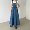 Vestidos casuais vintage azul plissado bolsos a linha cinta denim mulheres primavera verão sem mangas longo jeans vestido coreano simplicidade