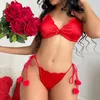 Bras Sets Women Sexy Lingerie Solid Erotic Bra Panty Exotic Costumes Ruffles Love Wool Ball Underwear Lenceria Erotica Mujer