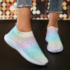 Boots Mix Color Knitting Crystal Sneakers for Women Casual Slip On Mesh Walking Shoes Woman Soft Sole Rhinestone Dance Sock Sneakers