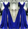 Royal Blue Satin A Line High Split Prom Dressess V Neck Lace Appliques Beaded Plus Size African Black Girls Evening Party Gowns BC5082