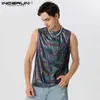 Herrtankstoppar män tank tops paljett blank o-hals ärmlös streetwear sommar mode västar män 2023 fest nattklubb män kläder s-5xl l240319