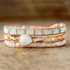 Strand Vrouwen Etnische Lederen Wikkelarmband Labradoriet Strass Maansteen Kralen 3 Strengen Boho Sieraden Groothandel Drop