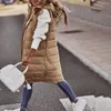 Gilets pour femmes veste sans manches polyvalent vers le bas gilet boutons fermeture éclair patte couleur pure à capuche genou longueur gilet manteau résistant au froid