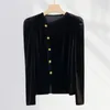 Camicette da donna Stile francese Velluto nero Top Cappotto Donna Primavera Maniche a sbuffo Colletto obliquo Camicie lunghe vintage Cardigan semplici ed eleganti