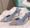 Diseñador Sandalias de champán Cristales Bombas Zapatos Mujeres Tacones altos espalda abierta Tacón de aguja Señoras Boda Fiesta sexy Suela de cuero con