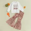 Kläduppsättningar småbarn barnflicka faller kläder brev tryck lång ärm rund hals tröja sammet solid färg flare byxor outfit