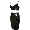 Work Dresses V-Neck Wetlook PVC PU Leather Two Piece Set For Women Faux Crop Top Bodycon Skirt 2 Outfit Viquinis 2024 Ddlg