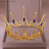 Tiaras vintage strass blå kristall rund guld krona bröllop taira för brudklänning huvud smycken bröllop hår tillbehör huvudbonad y240319