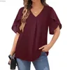 Camiseta feminina feminina nova gola em v chiffon blusa de cor lisa plissada solta blusa de manga curta tops camisa feminina elegante trabalho de escritório camisas femininasC24319