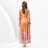 Womens Chiffon Floral Maxi Dress Stand Collar Long Flower Print Cardigan Shirts Dresses Designer Ladies Vintage Lantern Sleeve Casual Beach Party Robes Clothes