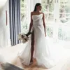 Geraffte, einfache Brautkleider in A-Linie, seitlich hoch geteilt, sexy, trägerlos, lange Brautkleider, elfenbeinweiß, Sommer, Boho, Garten, Strand, Brautkleid, Sweep-Zug