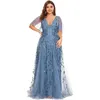 Sukienki imprezowe Eleganckie sukienki wieczorowe długie koronkowe syrena z dekoltem w dekolcie krótki rękaw Ever ładnie zakurzony niebieski prosty backeless sukienki kobiety 230504