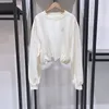 2024 في وقت مبكر الربيع الجديد Sandro Designer Women Solid Colour Round Reck Hoodie مطرزة بلوبر شيرت القطن القصير