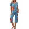 Mulheres de duas peças calças mulheres pijama conjunto manga curta v pescoço t-shirt e capri sleepwear contraste cor floral leopardo lounge ternos