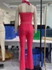 Women's Two Piece Pants Wsevypo 2Pieces Sets Sexy Summer Backless Halter Tie-up Corset Crop Tops And Side Cross Tied Flare Clubwear