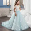 Kız Elbiseler 3D Kelebek Çiçek Düğün Dantel Kısa Kollu Uzun Pageant Elbise Çocuk Partisi İlk Cemaat Elbise Özel Yapımı