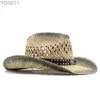 Breda breim hattar hink män kvinnor sommarklassiker västra cowboy str hat raffia ihålig med punk rep kvinnor curling cap 240319