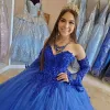 2024 Sparkly Royal Blue Princesa Quinceanera Vestidos Alças Querida Pescoço Vestidos de Baile Tule Lantejoulas Apliques Vestidos de Baile