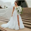 Sexy Beach Bohemian Wedding Dress Illusion High Split Tiered Bride Dresses Backless Sweep Train Bridal Gowns robes de