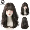 Synthetische Perücken, Spitzenperücken, 7JHH WIGS, lockere, lange, gewellte, schwarzbraune Perücke für Frauen, modische synthetische lockige Haarperücken mit flauschigem Pony, anfängerfreundlich, 240328 240327