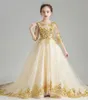 Artistico Champagne Tulle/Pizzo Mezze maniche Applique Abito da ragazza di fiori Abiti da spettacolo per ragazze Abiti da festa/compleanno Gonna da ragazza Personalizzata SZ 2-12 D319027