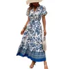 Casual jurken Maxi-jurk met strakke taille Bedrukte bloemenprint in etnische stijl met vetersluiting V-hals Zomervakantie voor dames