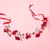 Bandanas élégant fleur mariage bandeau de mariée torsadé perle cristal fait à la main ruban coiffure pour mariée demoiselle d'honneur (rouge)